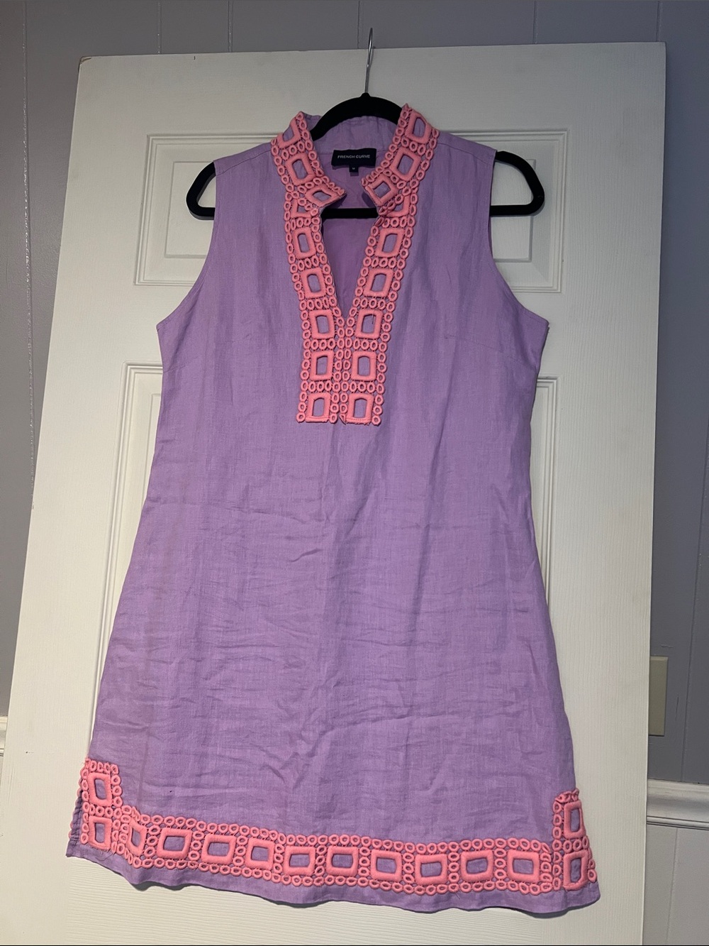 French curve linen dress purple pink crochet resort Wear M